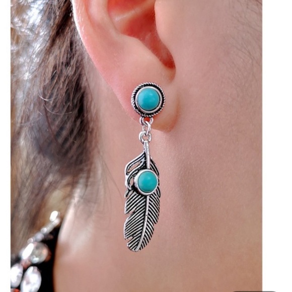 “Bohemian Turquoise Feather Earrings – Vintage Style” - Picture 1 of 3